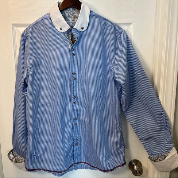 John Lennon Other - John Lennon Blue Striped Button-Up Men M Shirt White Collar Floral Embroidered